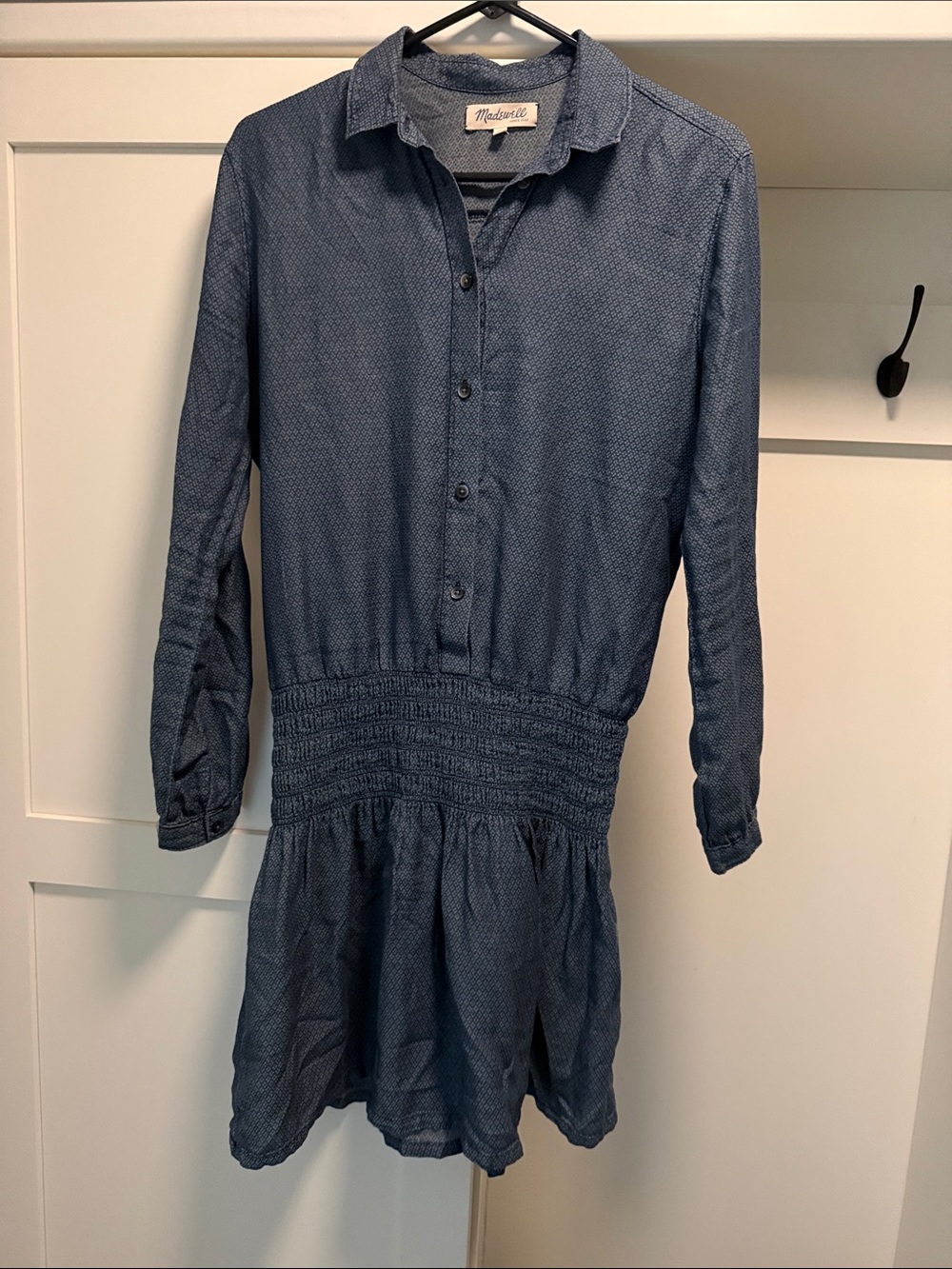 Madewell Navy Smocked-Waist Button Front Shirt Dress